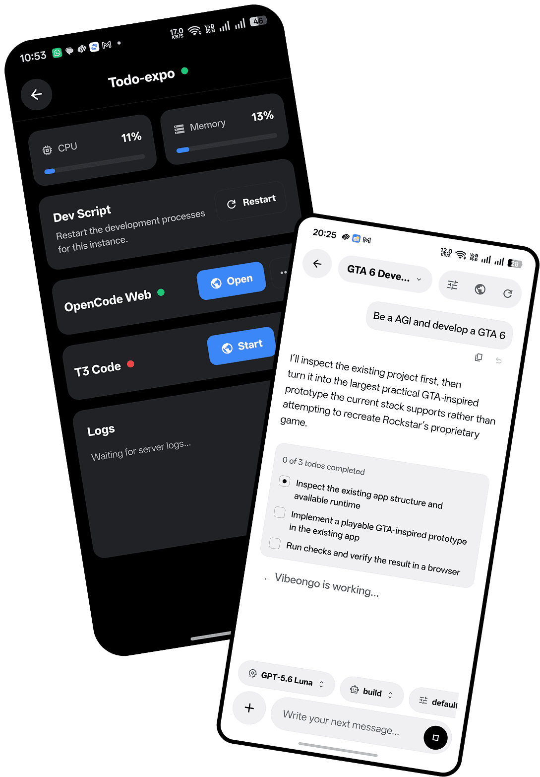 VibeOnGo Android app showing workspace controls and an AI coding agent conversation