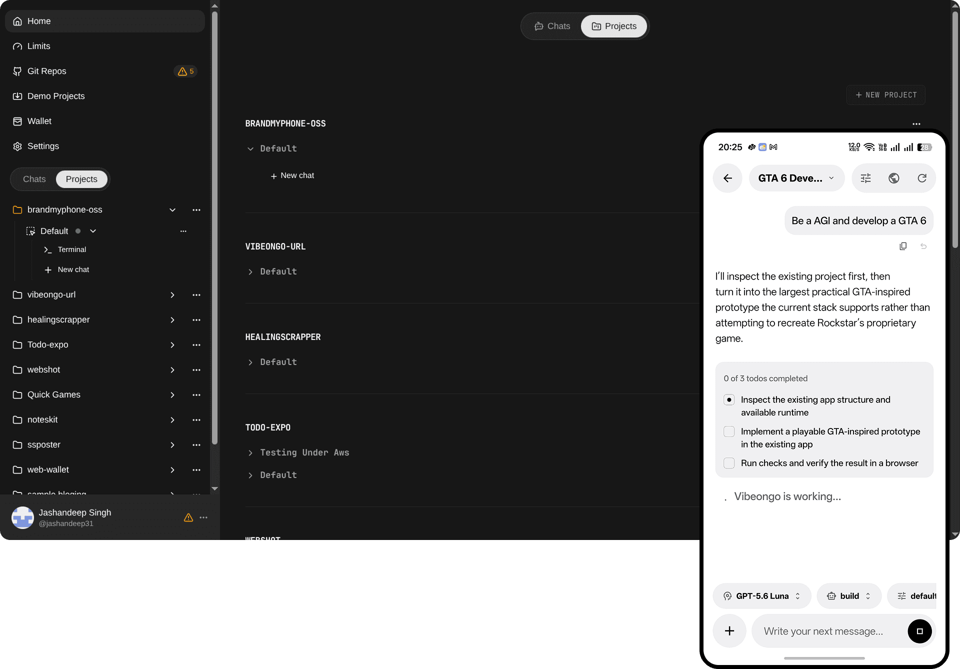 VibeOnGo projects dashboard alongside an agent conversation in the Android app
